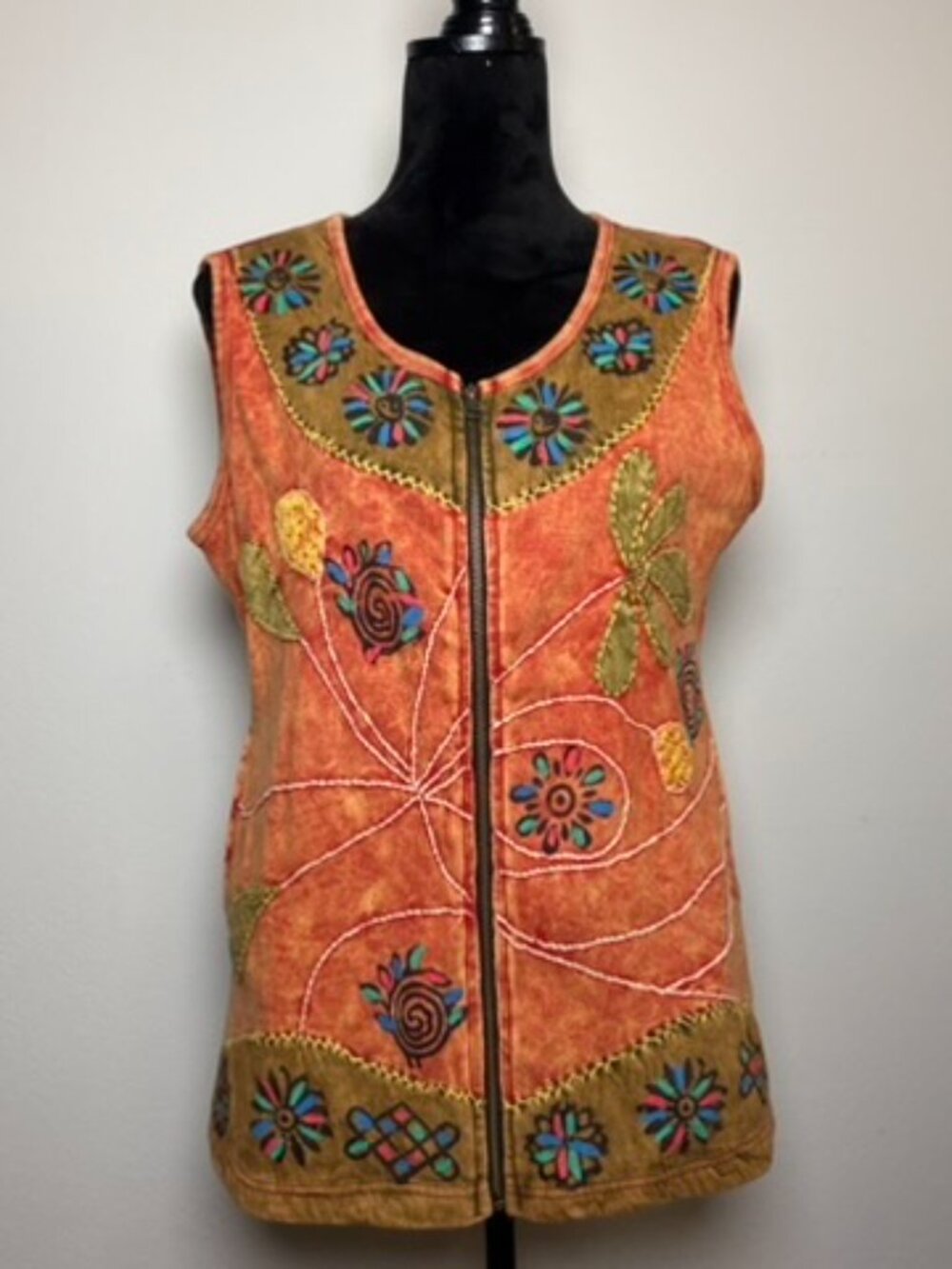 Rising International M Artsy Embroidered Applique Zip Vest Boho Hippie